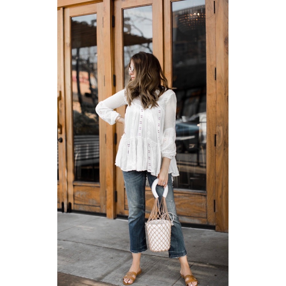 Kyla Seo White Eyelet Lace Button Front Tunic Blouse Boho Cottagecore XL